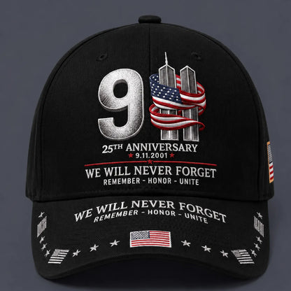 9/11 25th Anniversary We Will Never Forget Embroidered Memorial Baseball Cap – Unisex Patriotic Memorial Hat🧢 100% Cotton