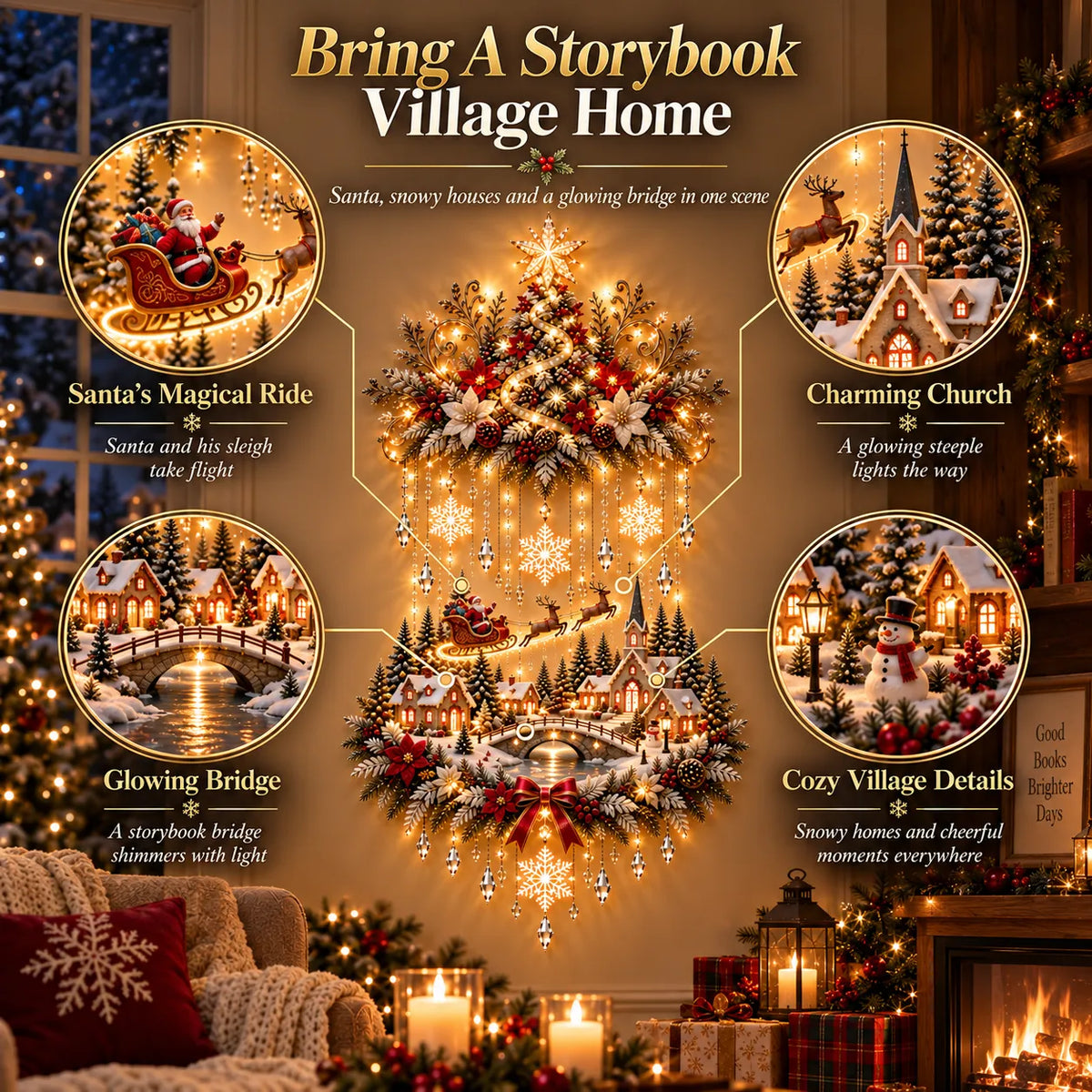 🎄✨ Christmas Village Starfall Wall Display – Warm Light Tree & Snowy Holiday Scene