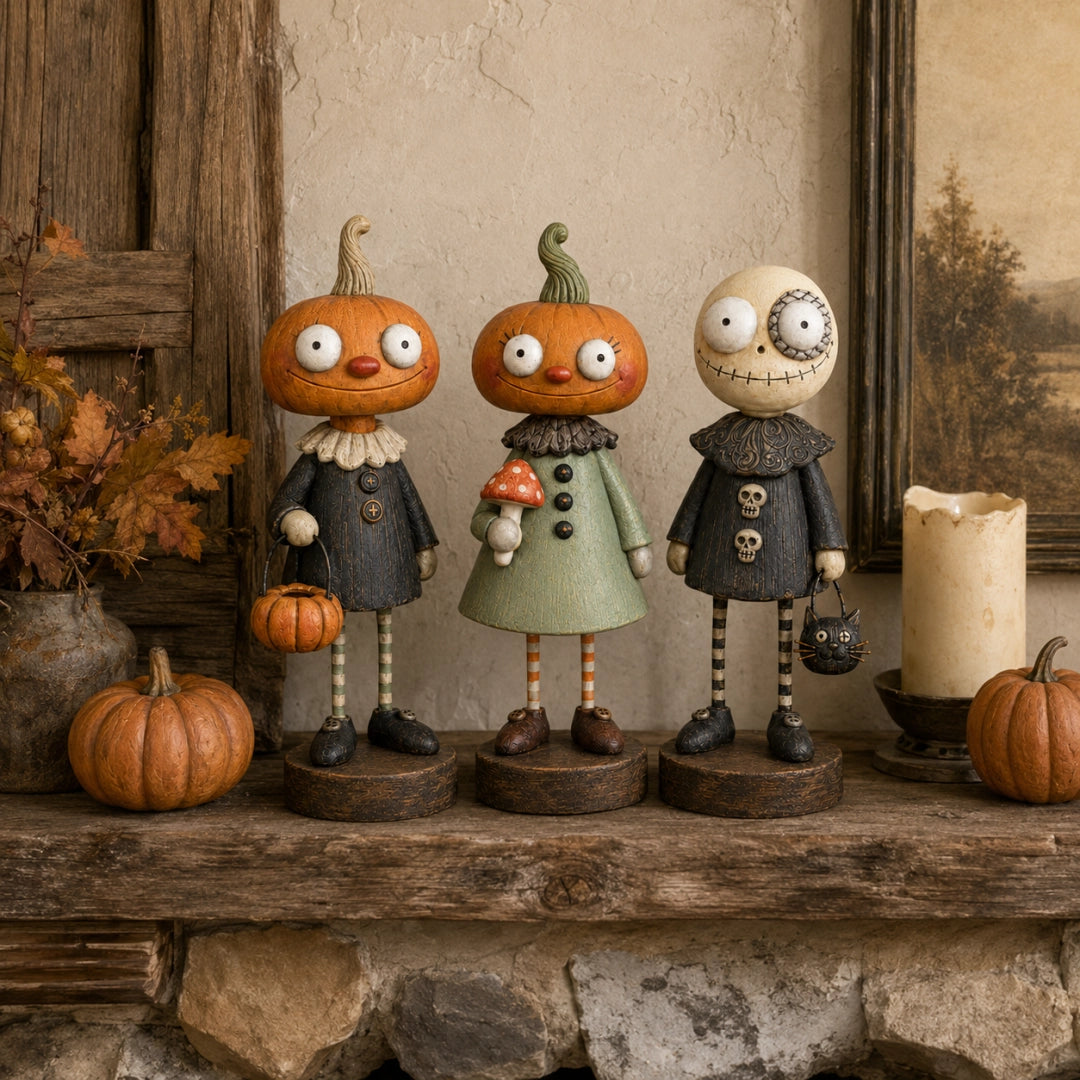 Primitive pumpkin and skeleton Halloween figurine collection