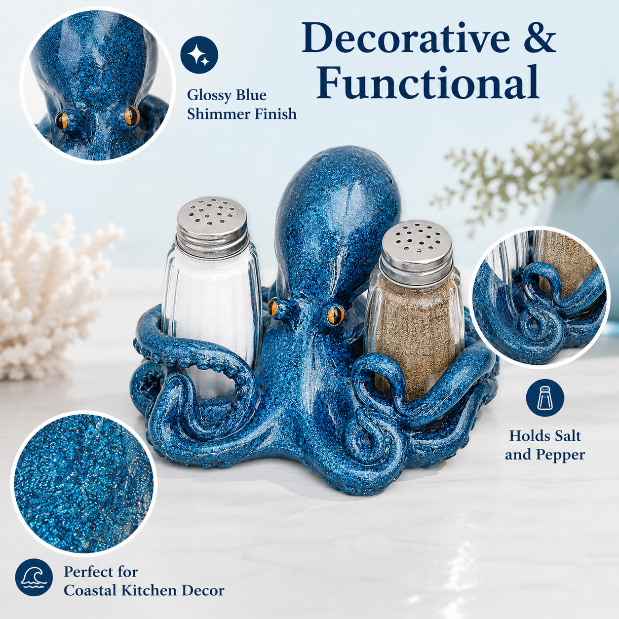 Coastal Animal Salt & Pepper Shaker Holder Set – Includes 2 Glass Shakers