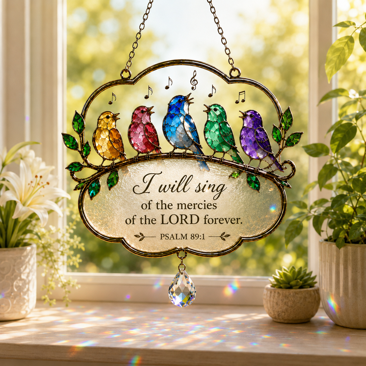 Christian Scripture Bird Suncatcher with Crystal Prism – Hummingbird, Cardinal & Songbird Window Hanging