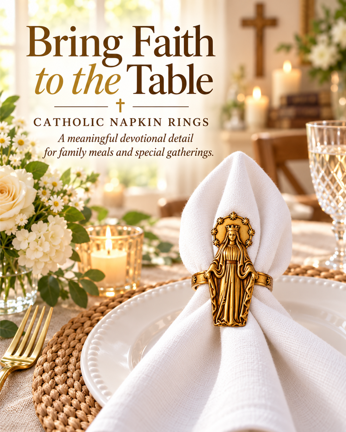 Catholic Devotional Napkin Rings – Sacred Heart, Virgin Mary & Jesus Table Décor