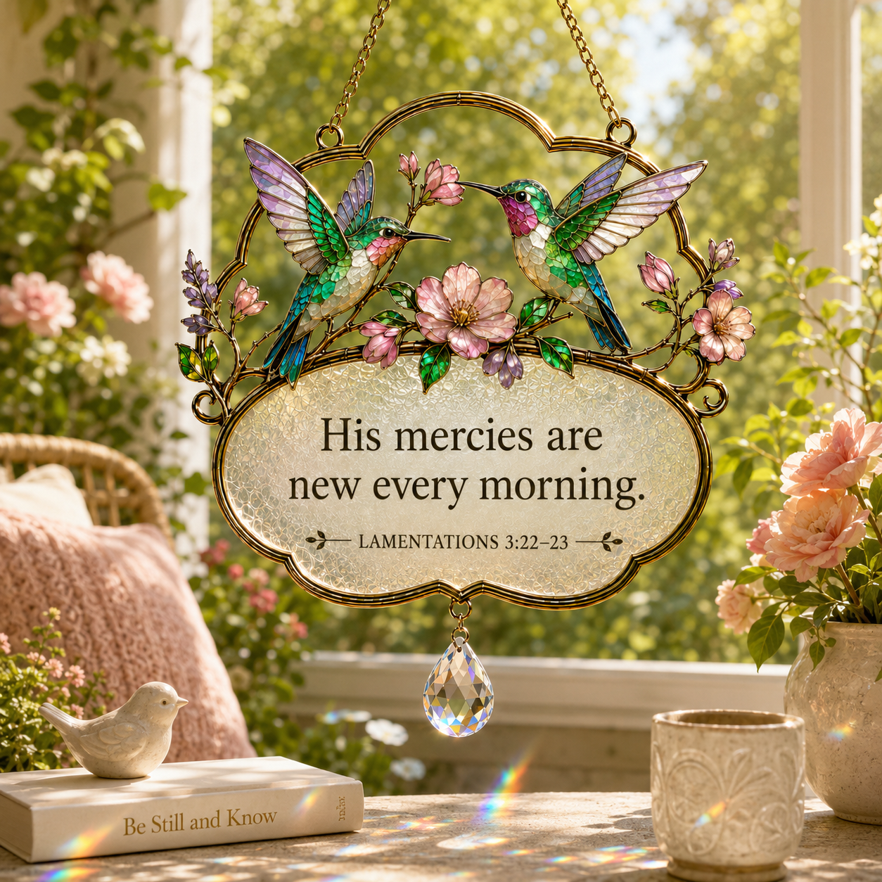 Christian Scripture Bird Suncatcher with Crystal Prism – Hummingbird, Cardinal & Songbird Window Hanging