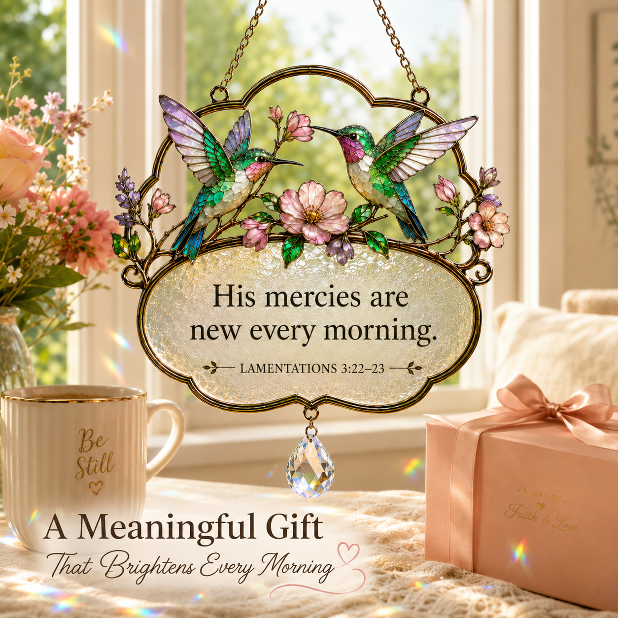 Christian Scripture Bird Suncatcher with Crystal Prism – Hummingbird, Cardinal & Songbird Window Hanging