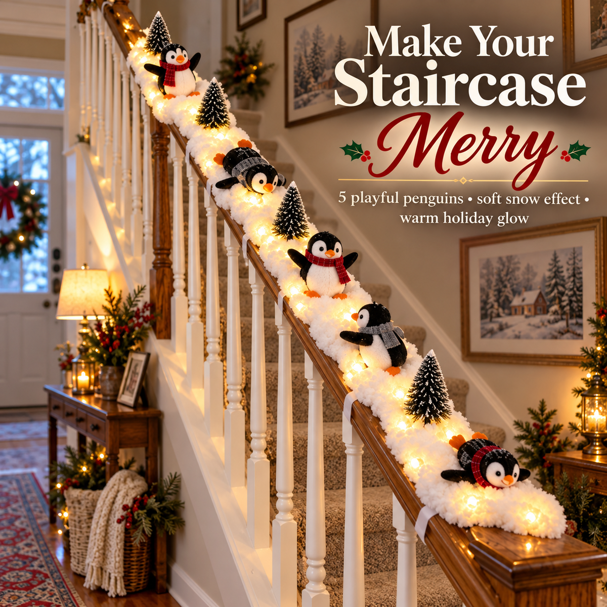 Christmas penguin staircase railing decoration
