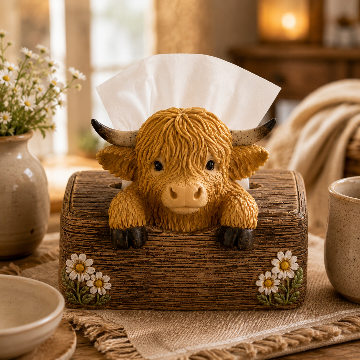 Adorable Peeking Highland Cow Tissue Box Cover – Rustic Farmhouse Decor