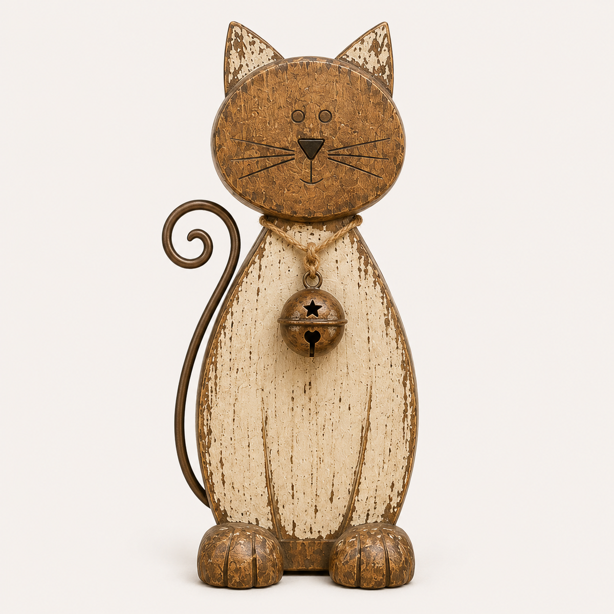 The Little Farmhouse Guardian Cat - Vintage Rustic Metal Cat Decor with Bell Pendant