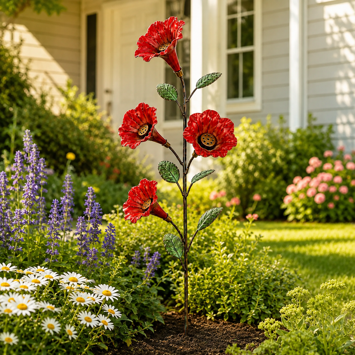 Bring Hummingbirds Closer – 4-Flower Metal Nectar Feeder Garden Stake