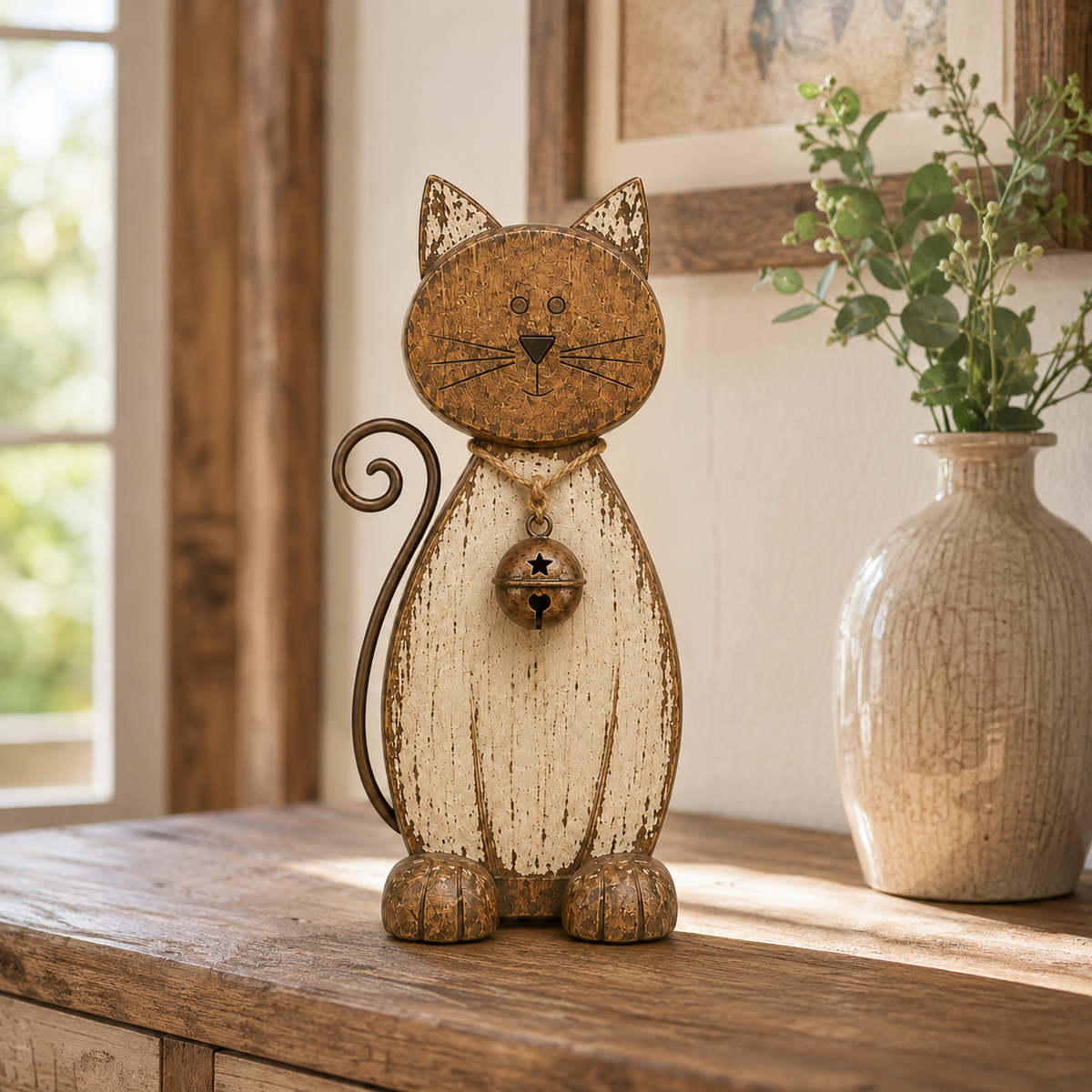 The Little Farmhouse Guardian Cat - Vintage Rustic Metal Cat Decor with Bell Pendant