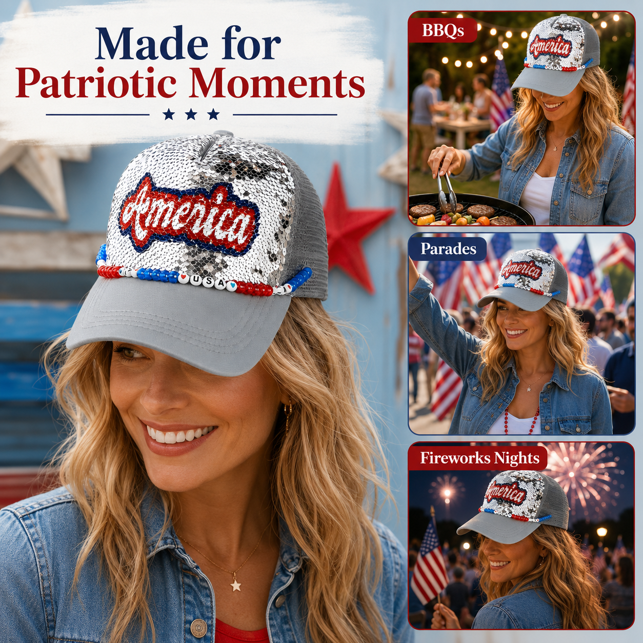 Patriotic Sequin America Cap – Sparkly 4th of July Hat