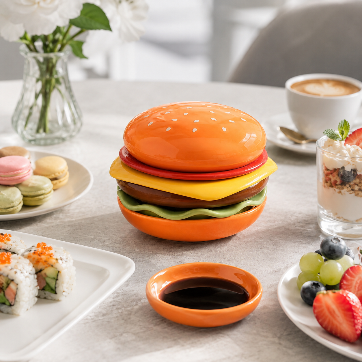 Burger Stack Ceramic Snack & Sauce Dish Set