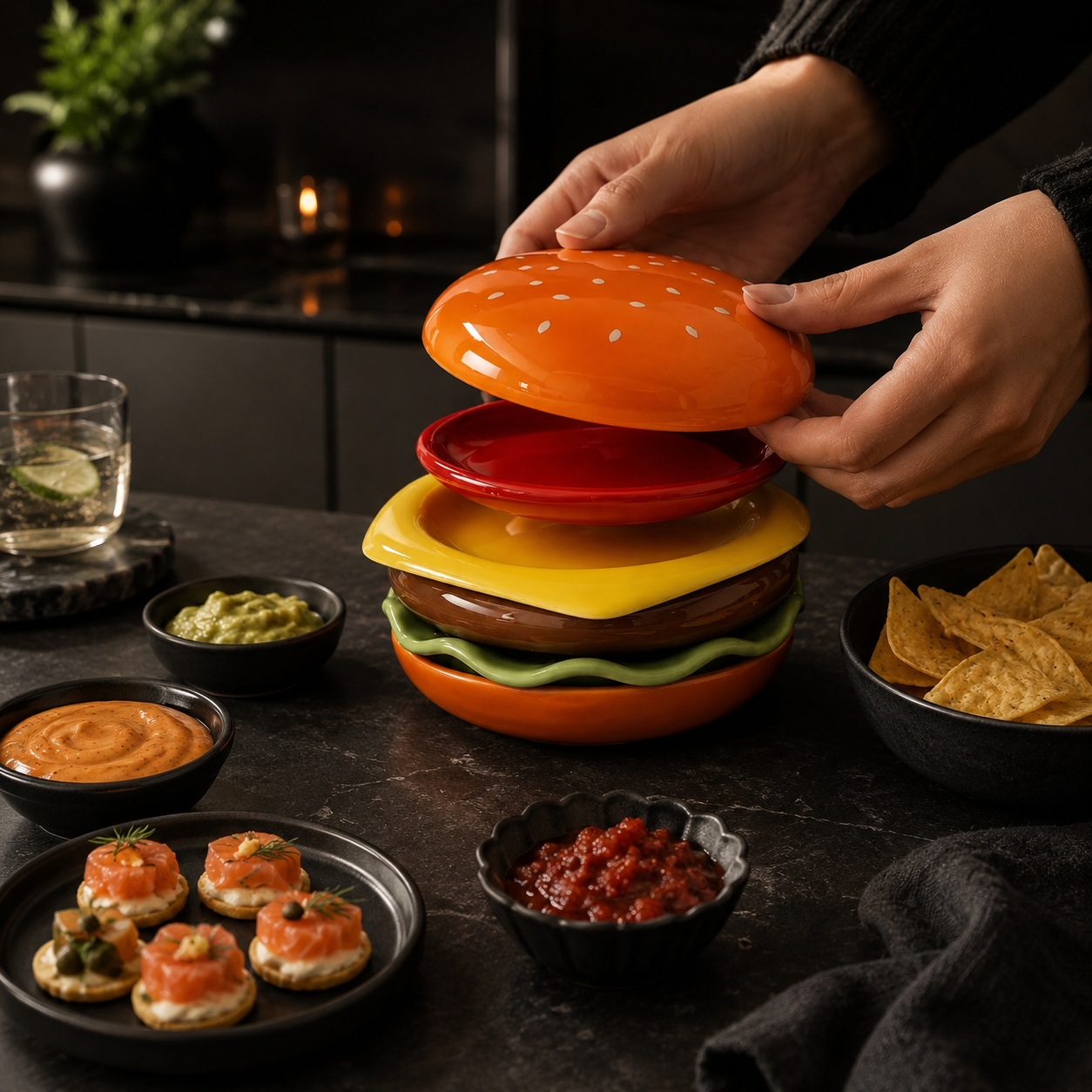 Burger Stack Ceramic Snack & Sauce Dish Set