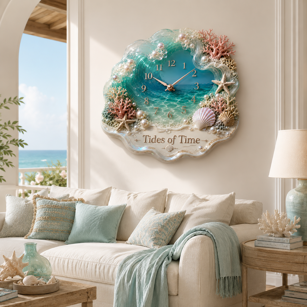 🌊Tides of Time Ocean Wave Wall Clock – Iridescent Coastal Décor with Pearls, Seashells & Coral
