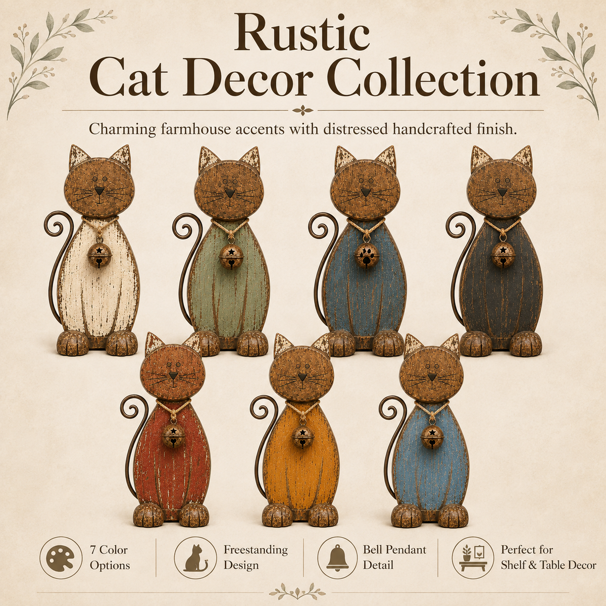The Little Farmhouse Guardian Cat - Vintage Rustic Metal Cat Decor with Bell Pendant