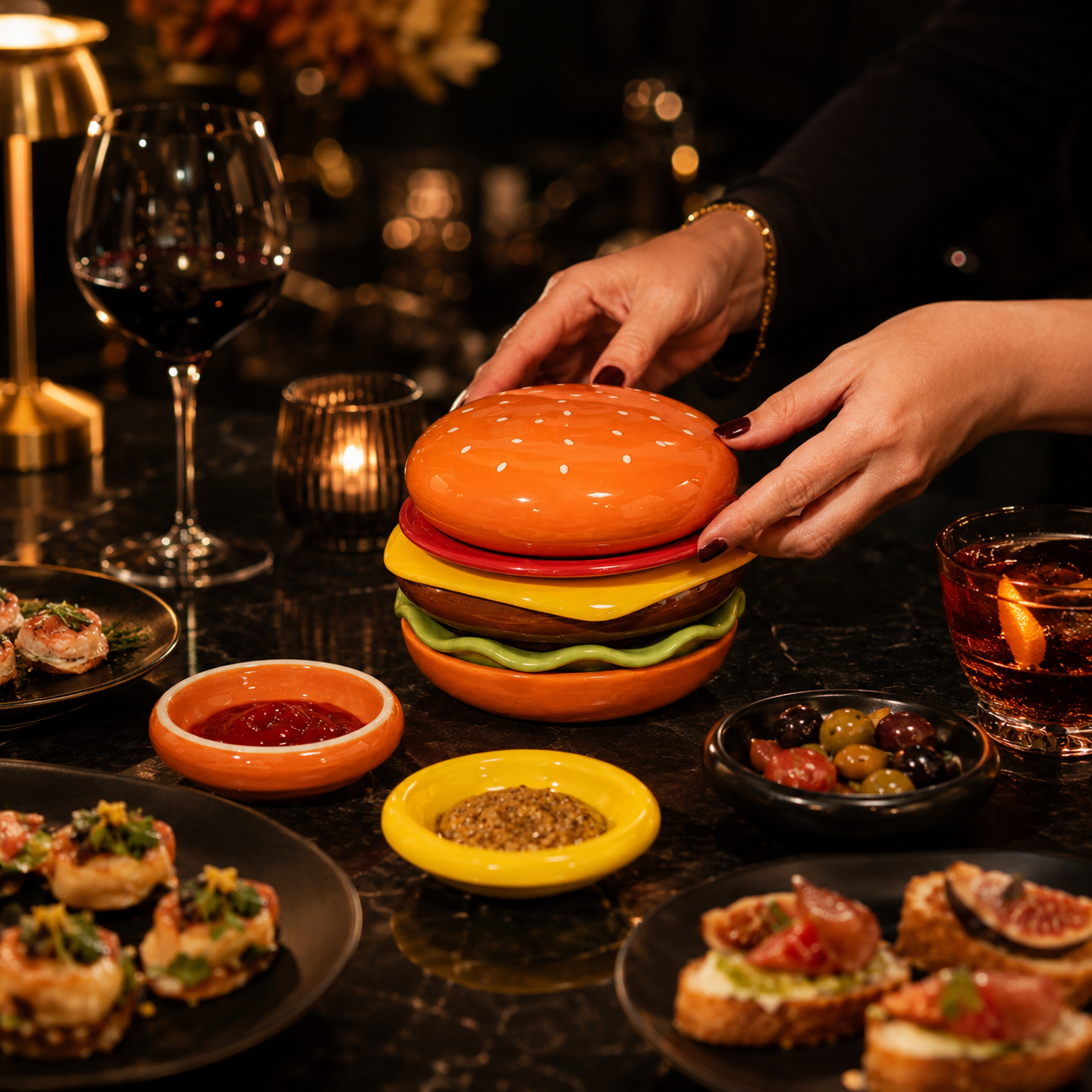 Burger Stack Ceramic Snack & Sauce Dish Set