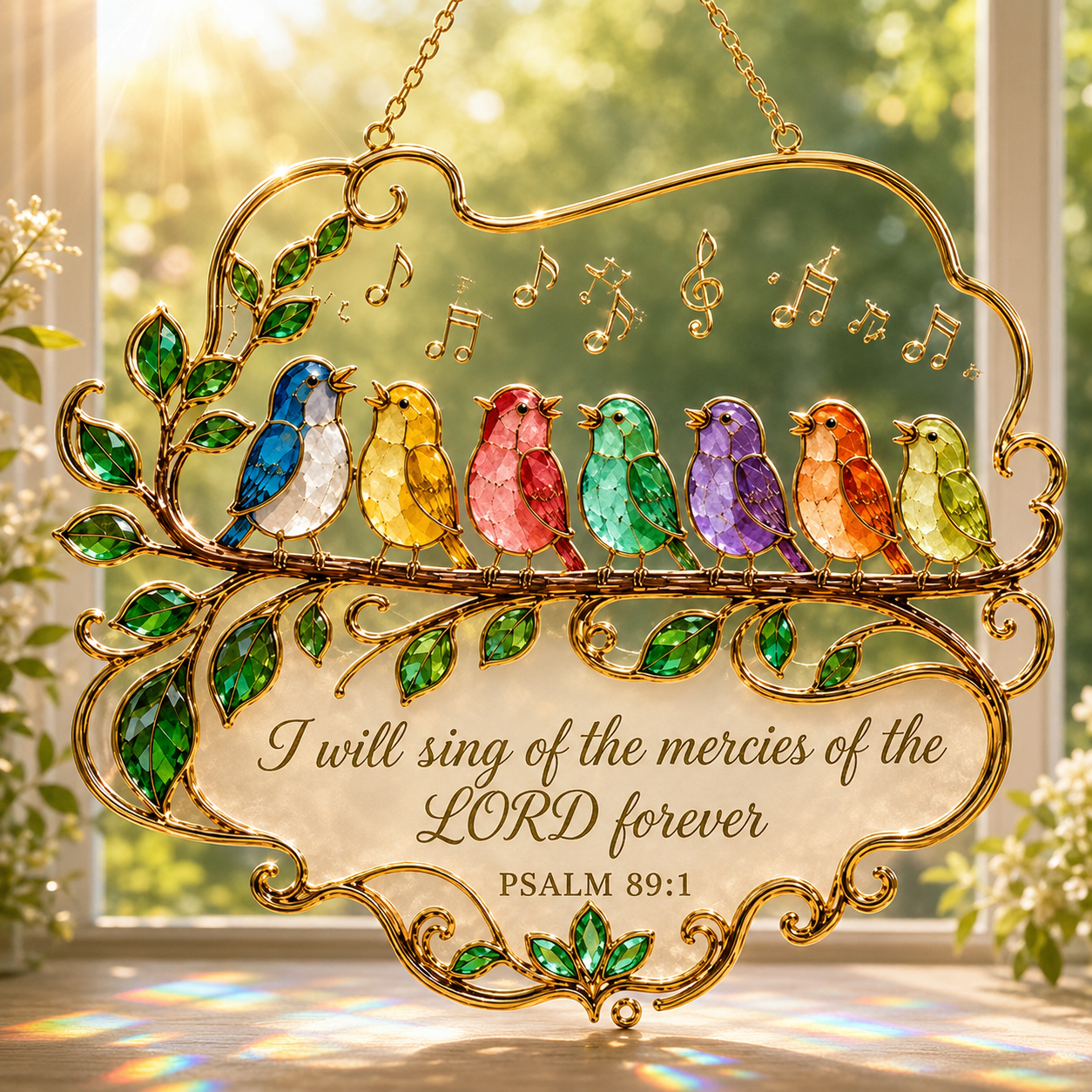 Psalm 89:1 Singing Birds Suncatcher – Christian Window Hanging Decor