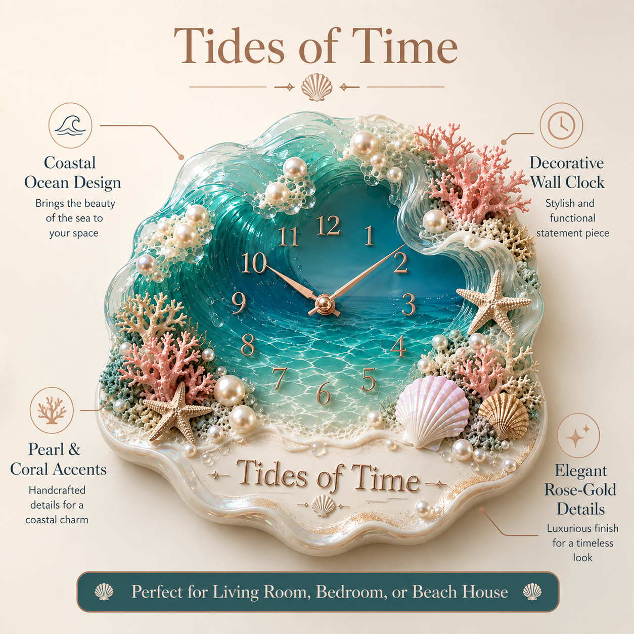 🌊Tides of Time Ocean Wave Wall Clock – Iridescent Coastal Décor with Pearls, Seashells & Coral