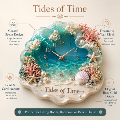 🌊Tides of Time Ocean Wave Wall Clock – Iridescent Coastal Décor with Pearls, Seashells & Coral