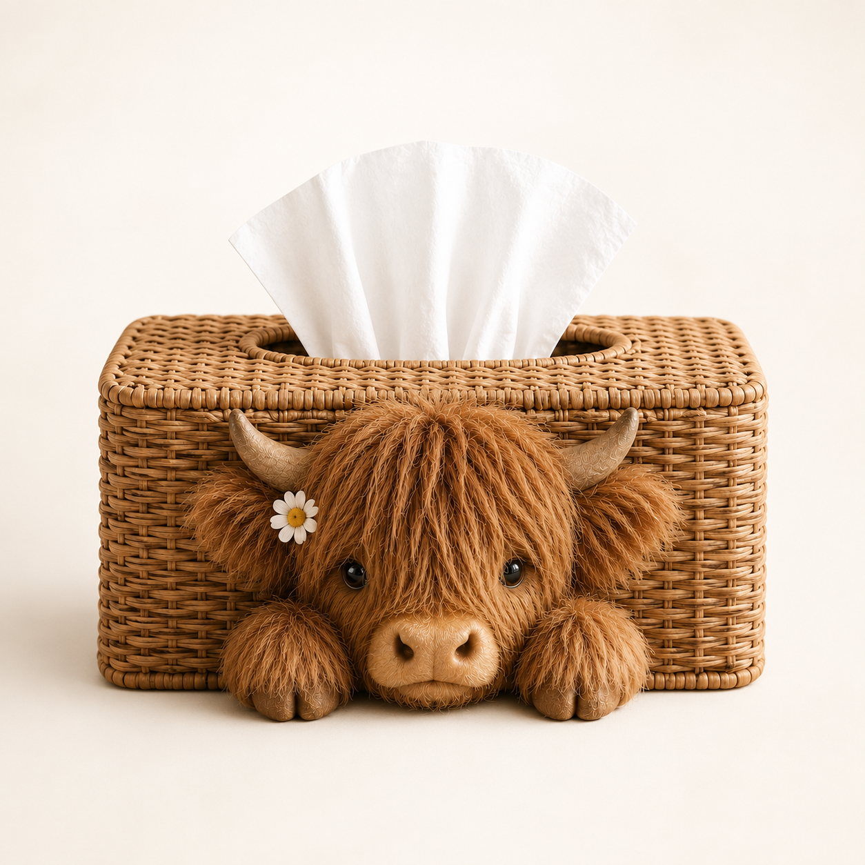 Adorable Peeking Highland Cow Tissue Box Cover – Rustic Farmhouse Decor