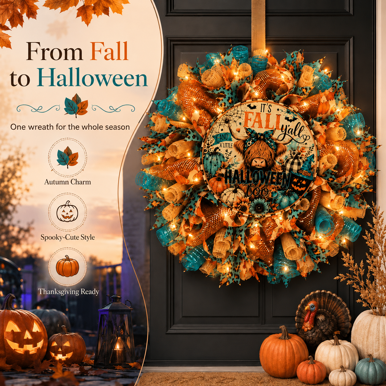 🐮🍂Lighted Highland Cow Fall Halloween Wreath for Front Door