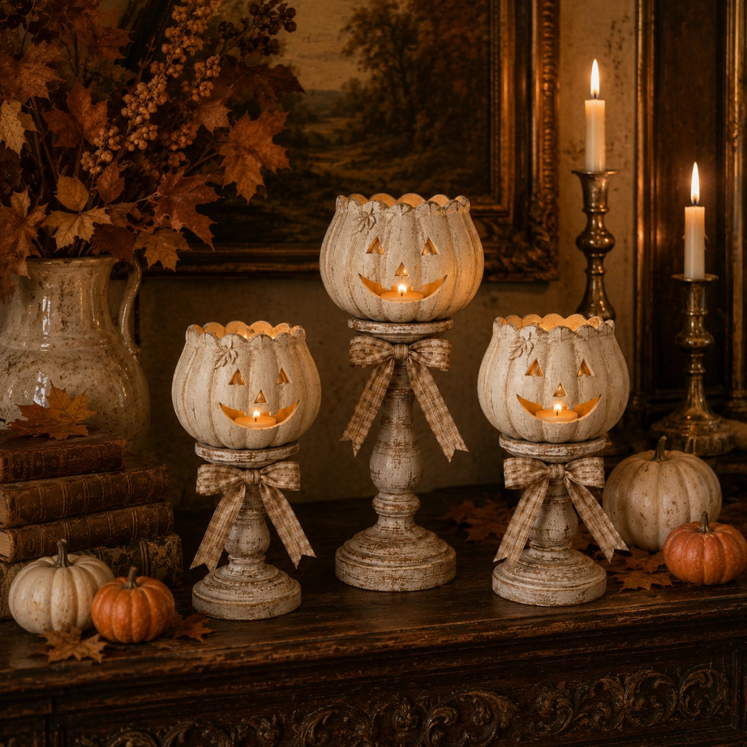 Set of 3 Vintage White Pumpkin Tealight Candle Holders