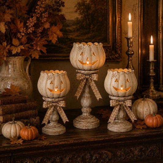 Set of 3 Vintage White Pumpkin Tealight Candle Holders