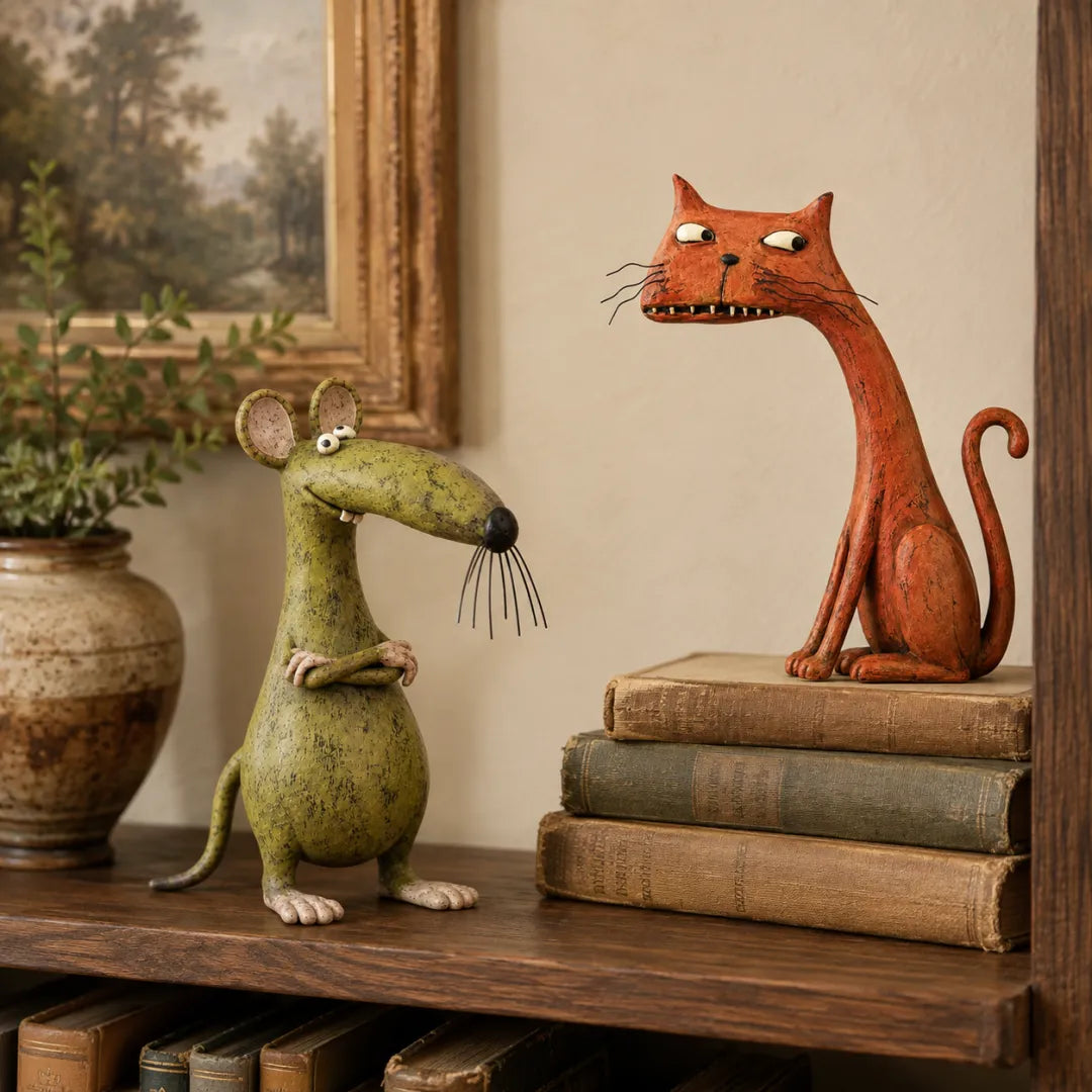 🐱🐭 Mischievous Cat & Mouse Shelf Companions – Vintage Quirky Animal Decor