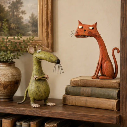 🐱🐭 Mischievous Cat & Mouse Shelf Companions – Vintage Quirky Animal Decor