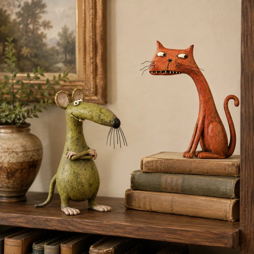 🐱🐭 Mischievous Cat & Mouse Shelf Companions – Vintage Quirky Animal Decor