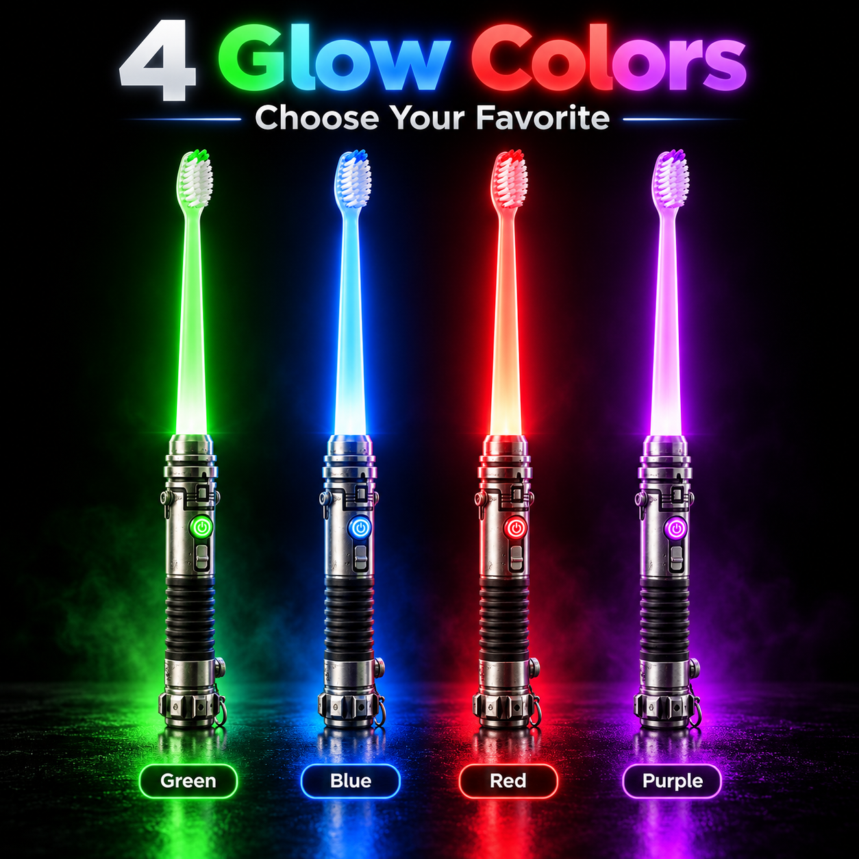 Galactic Glow manual toothbrushes in green, blue, red and purple