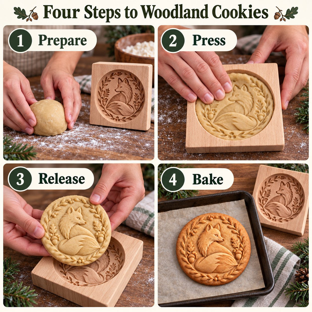 🍪 Woodland Animal Cookie Mold | 4.7-Inch Wooden Embossing Mold for Cozy Homemade Cookies