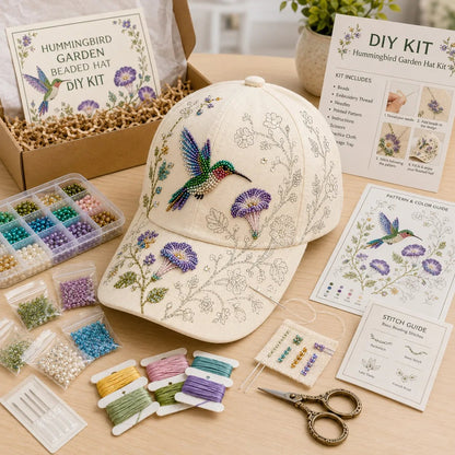 Premium Hummingbird Garden Beaded Hat DIY Kit | DIY Handmade Floral Cap Decor