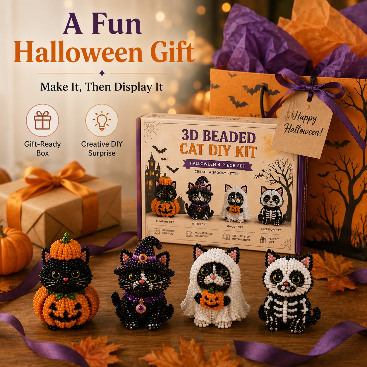 🐈‍⬛🎃 Premium 3D Beaded Halloween Cat DIY Kit | Luxury Flocked Canvas with Scratch-Resistant Non-Fading Pearl Beads DIY Spooky Decor & Step-by-Step Guide ✨