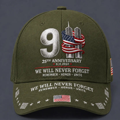 9/11 25th Anniversary We Will Never Forget Embroidered Memorial Baseball Cap – Unisex Patriotic Memorial Hat🧢 100% Cotton