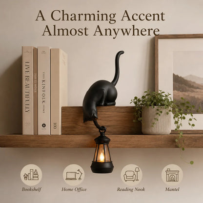 🐱 Curious Black Cat Shelf Ornament with LED Lantern Light