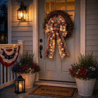 Classic Patriotic Burlap Bow - Rustic American Flag Wreath Decor for Front Doors, Porches & Home Celebration