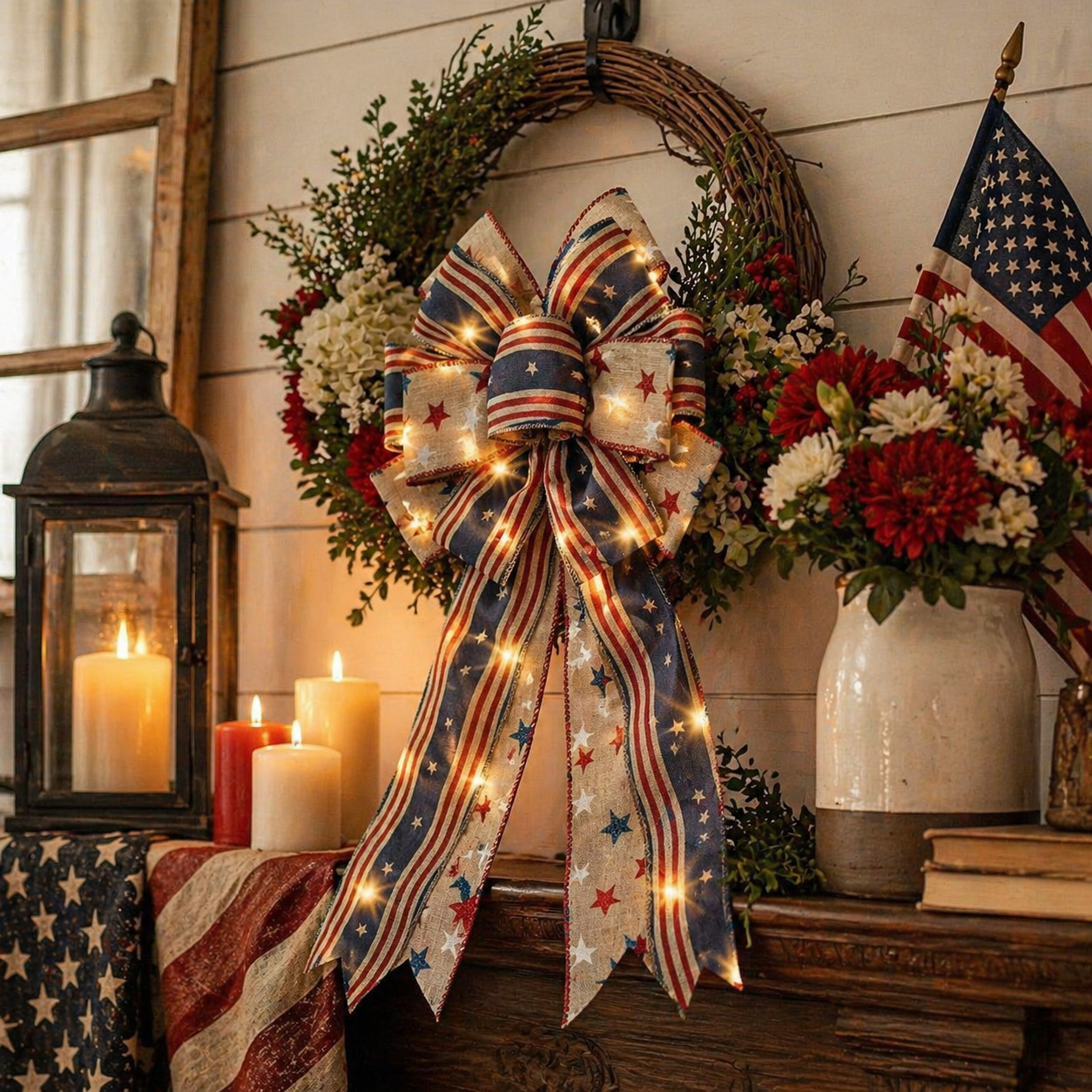 Classic Patriotic Burlap Bow - Rustic American Flag Wreath Decor for Front Doors, Porches & Home Celebration