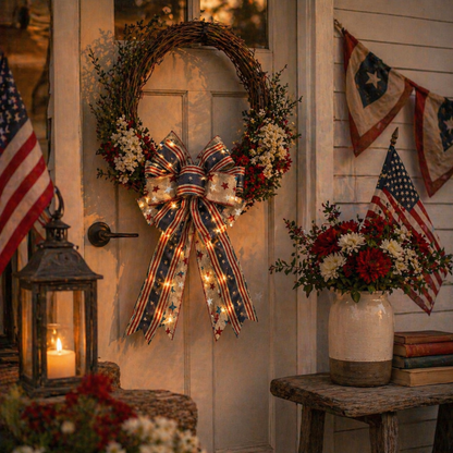 Classic Patriotic Burlap Bow - Rustic American Flag Wreath Decor for Front Doors, Porches & Home Celebration
