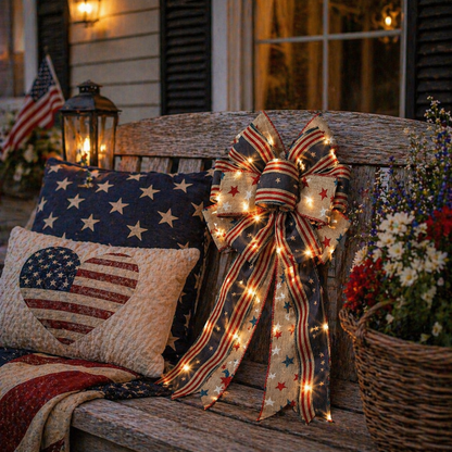 Classic Patriotic Burlap Bow - Rustic American Flag Wreath Decor for Front Doors, Porches & Home Celebration