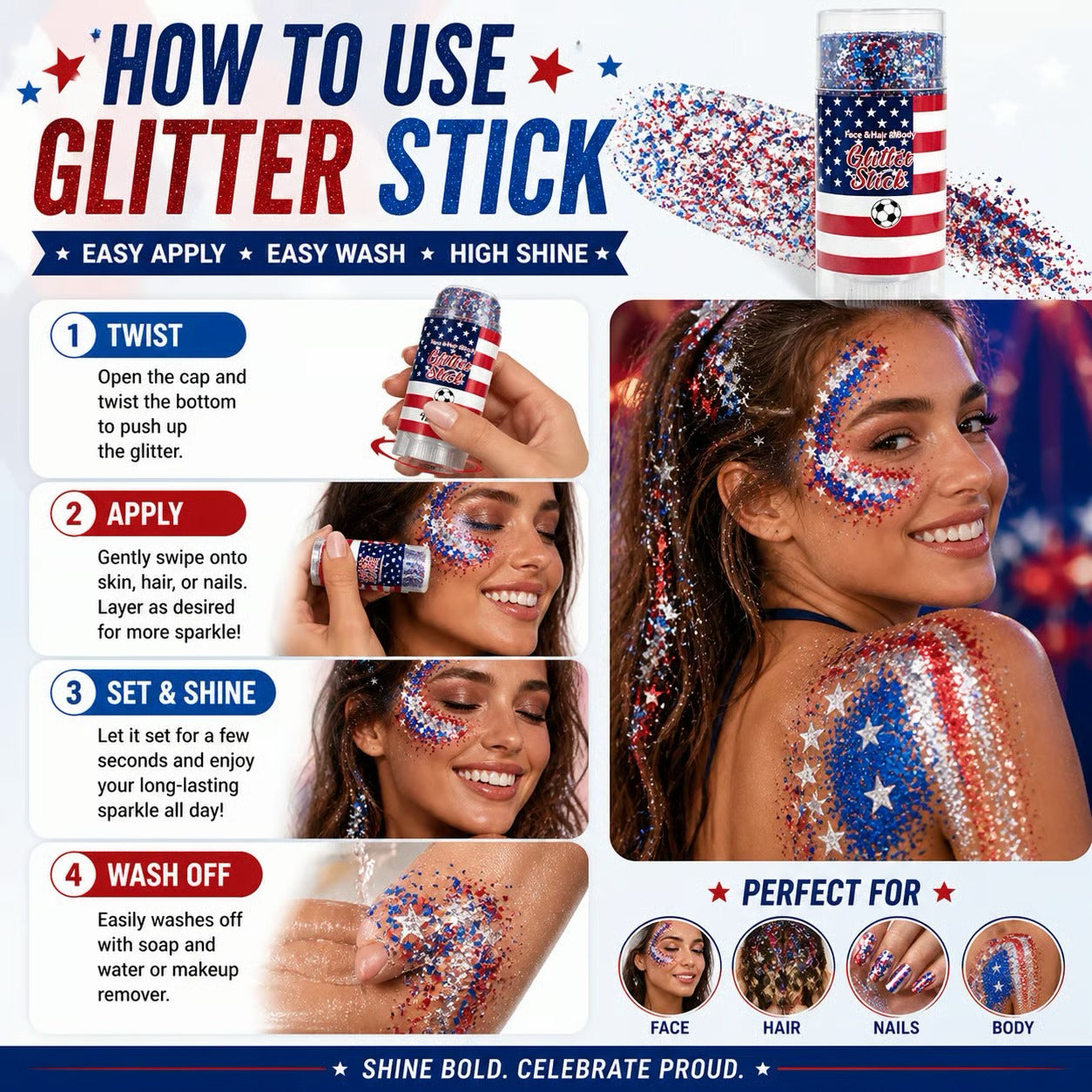 🔔4th of July Glitter Stick🎇 Red, White & Blue Body & Hair Sparkle