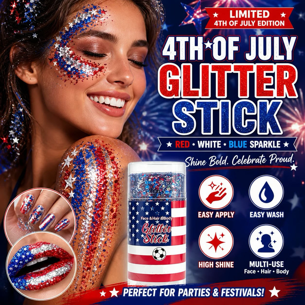 🔔4th of July Glitter Stick🎇 Red, White & Blue Body & Hair Sparkle