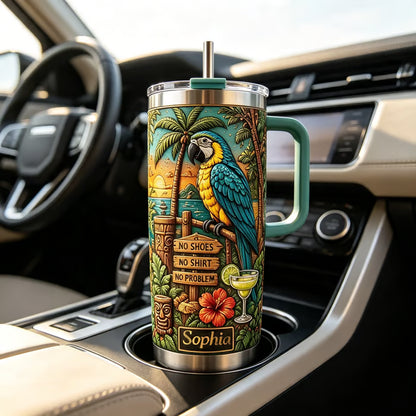 🦜 Personalized Tiki Life Tropical Parrot Beach Handle Tumbler