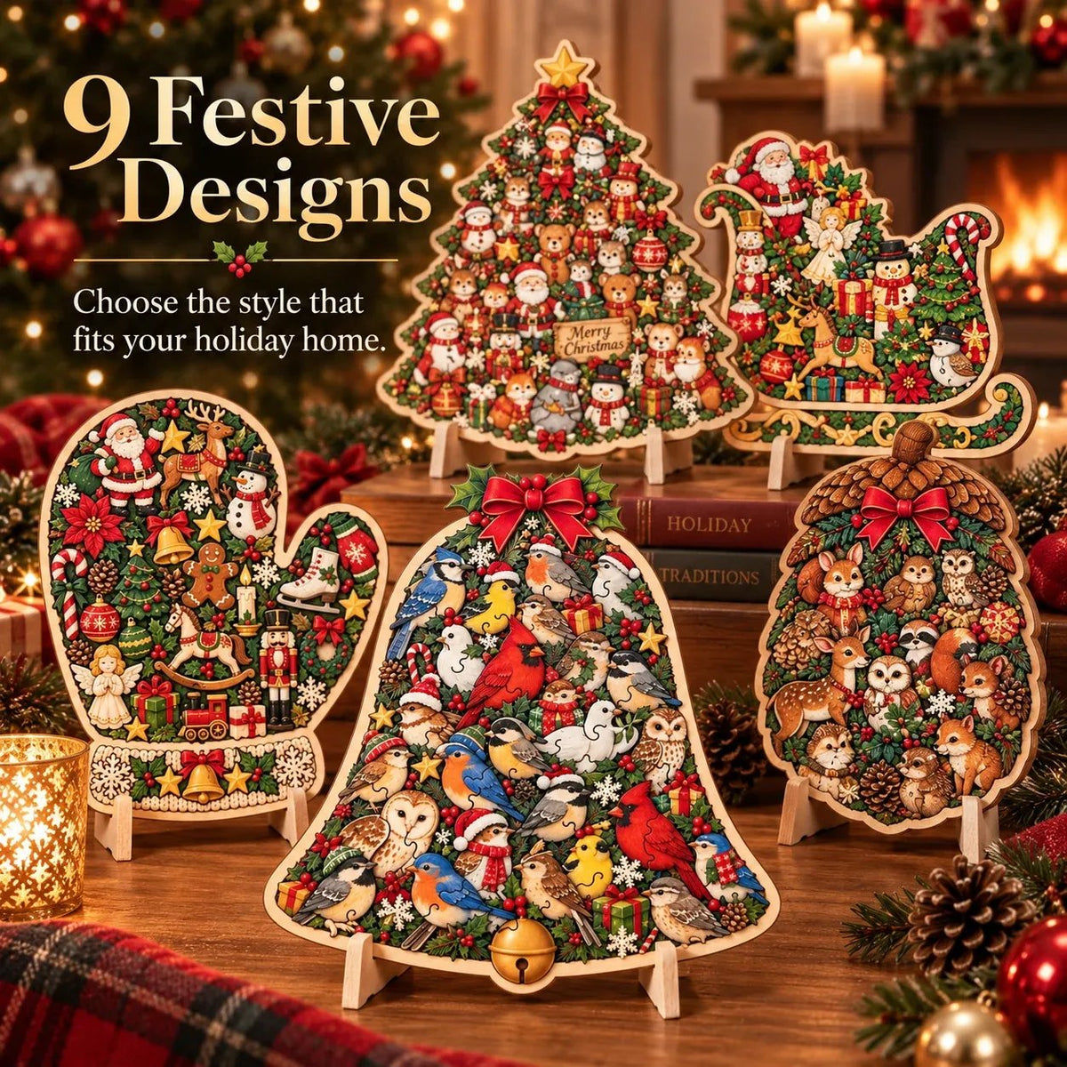 Wooden Christmas Puzzle with Stand — 8 Festive Designs to Build & Display