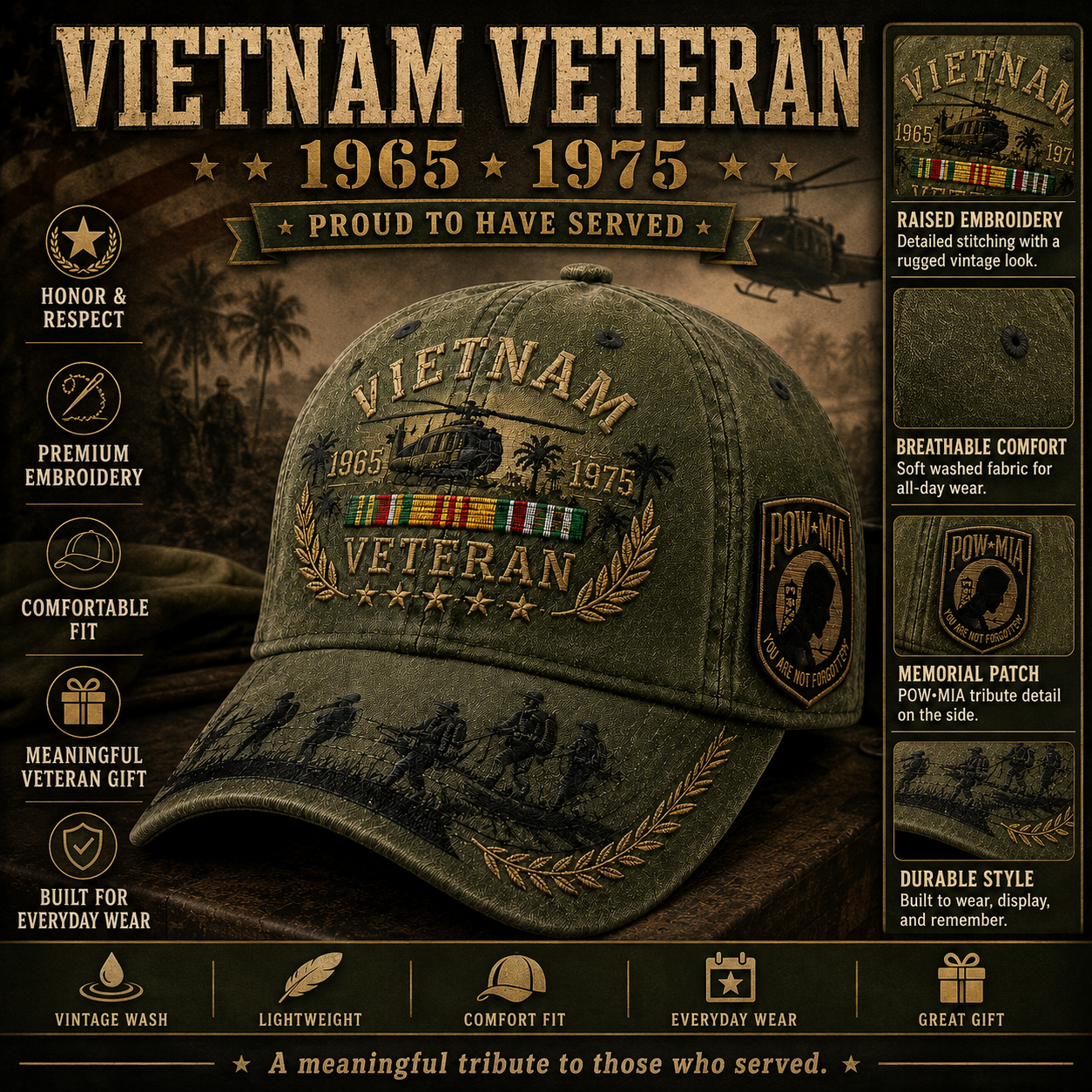 🎖️Vietnam Veteran 1965–1975 Commemorative Embroidered Cap –💛 Proud to Have Served