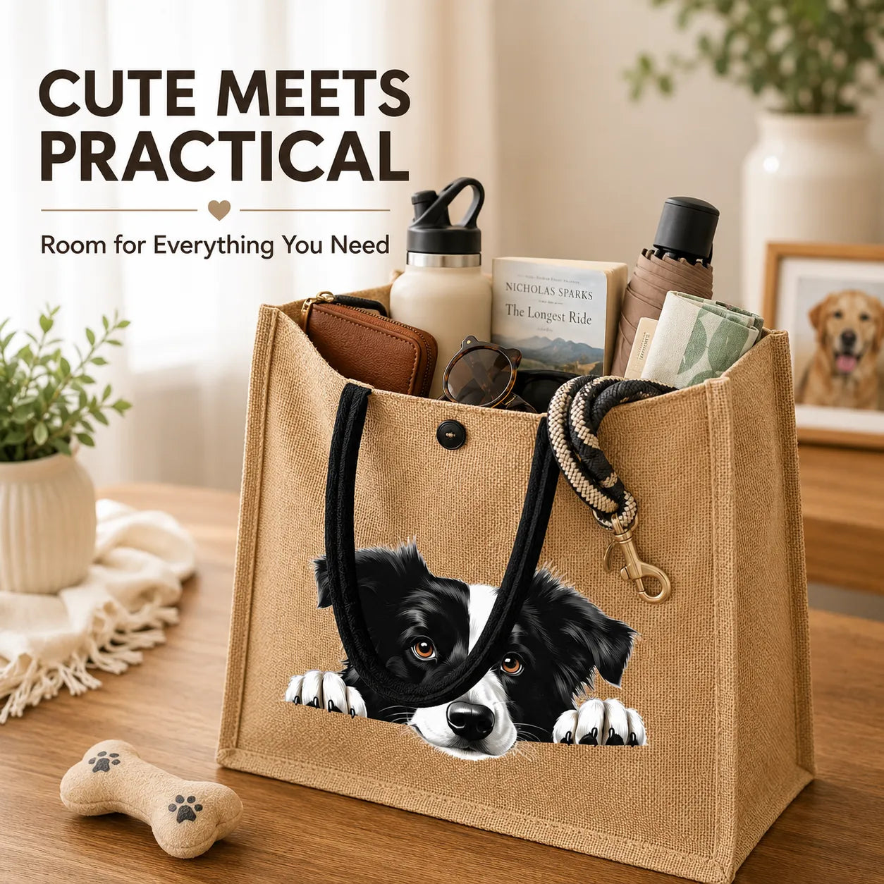 🐶 Peeking Dog Jute Tote Bag | Cute Reusable Shopping Bag for Dog Lovers & Dog Moms 🐾