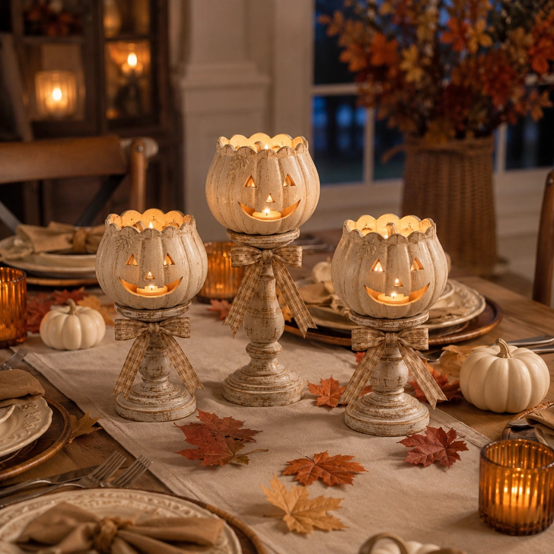 Set of 3 Vintage White Pumpkin Tealight Candle Holders