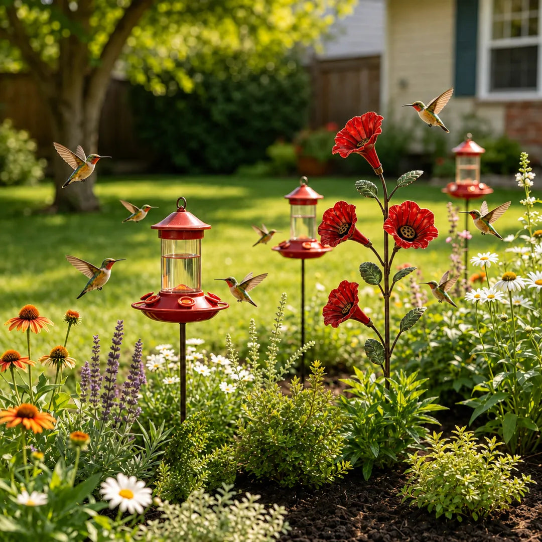 Bring Hummingbirds Closer – 4-Flower Metal Nectar Feeder Garden Stake