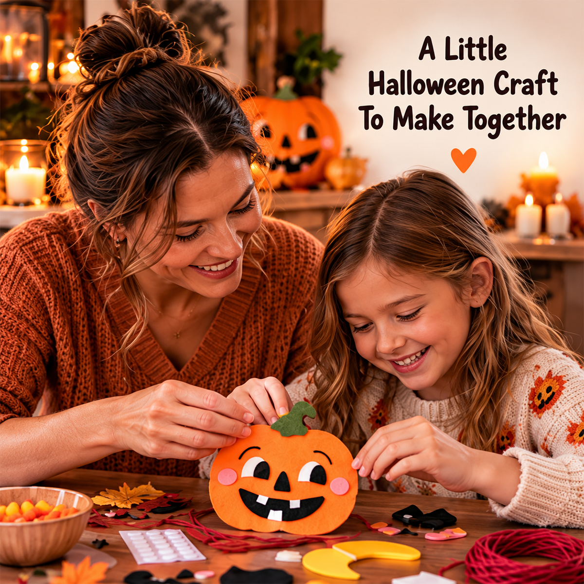 Parent and child making a Halloween felt garland together