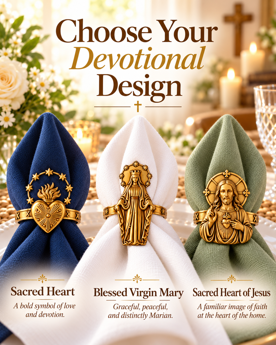 Three Catholic devotional napkin ring designs