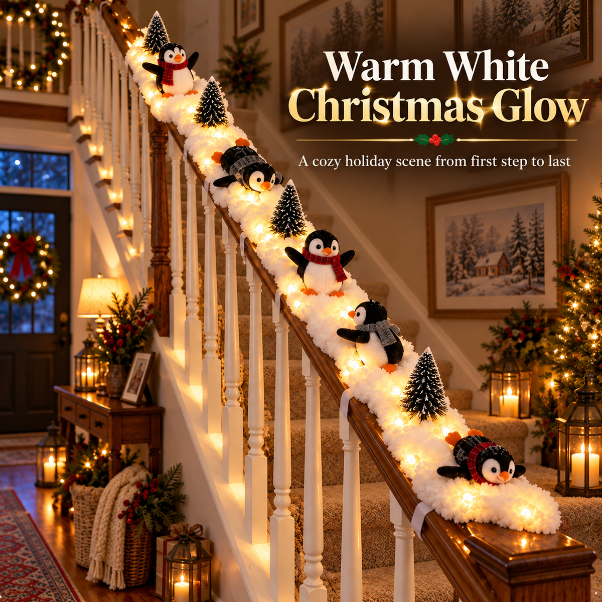 Warm white Christmas staircase decoration
